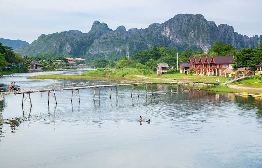 900 Editorial Wooden bridge across Nam Song river at Vang Vieng Laos shutterstock 296535884